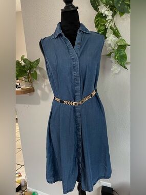 Tacera Sleeveless Shirt Dress Lyocell Chambray Blue Size S